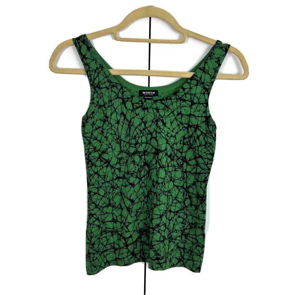 Worth New York Knitted Tank Top Women's XS Green‎ 100% Wool Web Print